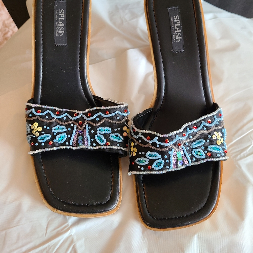 Wood Heel Beaded Sandals